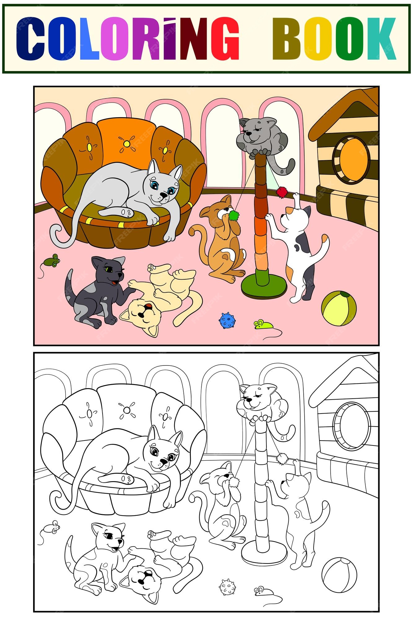Feliz grupo de gatos desenhos animados para colorir livro imagem