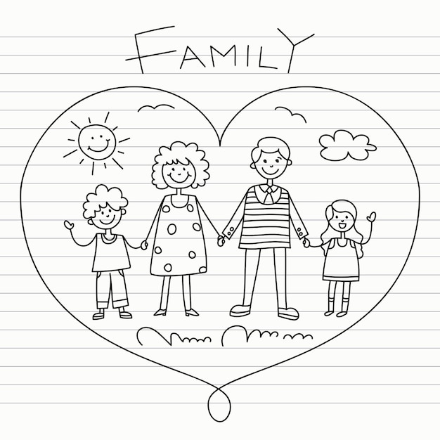 Família de desenhos animados desenhados à mão