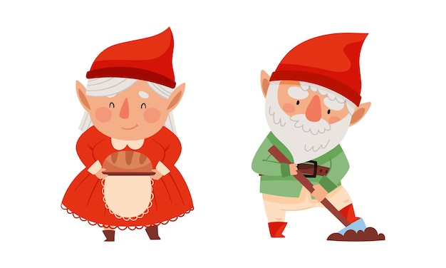 Família de gnomos gnomos escandinavos bonitos em bonés vermelhos ilustração vetorial de desenho animado