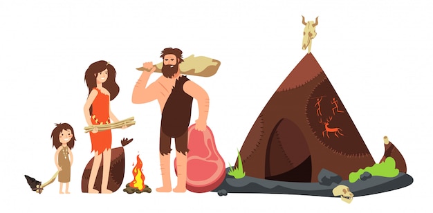 Vetor família de homem das cavernas dos desenhos animados. caçadores e crianças pré-históricos de neandertais. ilustração antiga do homo sapiens