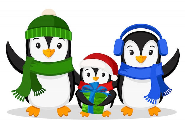 Família de pinguins e o pinguim pequeno com um presente no fundo branco. personagens de natal
