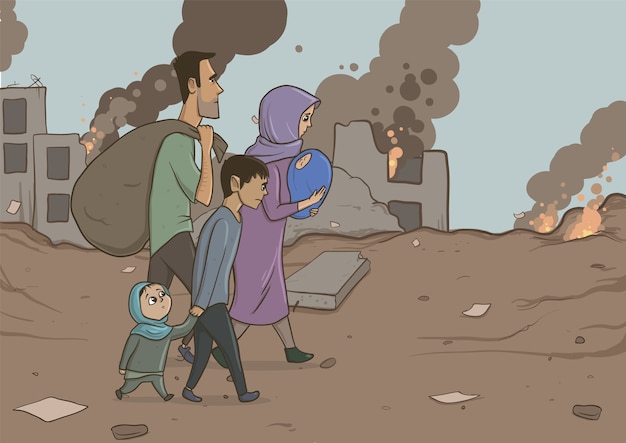 Família de refugiados com dois filhos em edifícios destruídos. religião de imigração e tema social. crise da guerra e imigração. personagens de desenhos animados de ilustração vetorial horizontal.