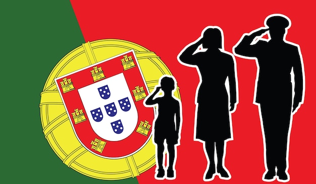 Vetor família de soldado de portugal saudando fundo patriota