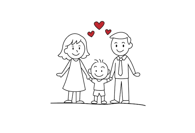 Família de três com corações de amor por cima deles