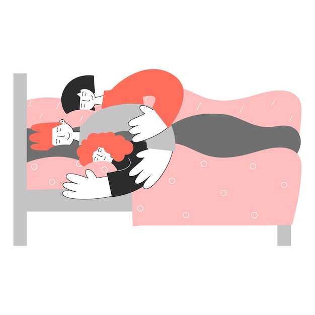 Família de três pessoas poliamorosas em uma cama abraçando e abraçando
