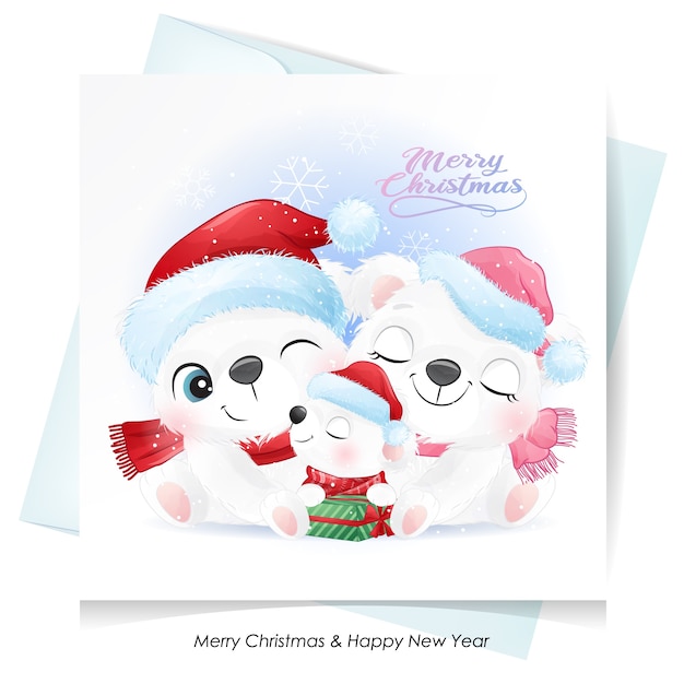 Família de ursos polares fofos para o natal com cartão em aquarela