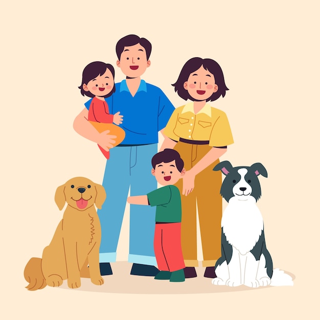 Família desenhada de mão com ilustração de animais de estimação