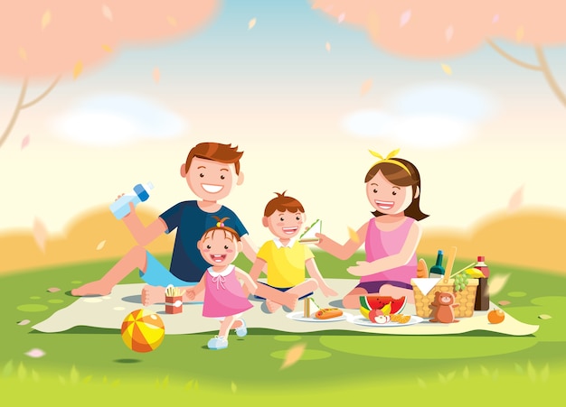Família desfrutando de piquenique em um parque