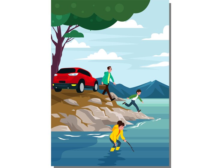 Vetor família desfrutando de um dia no lago com um carro vermelho