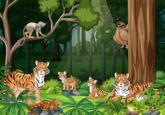 Família do tigre no fundo da paisagem da floresta