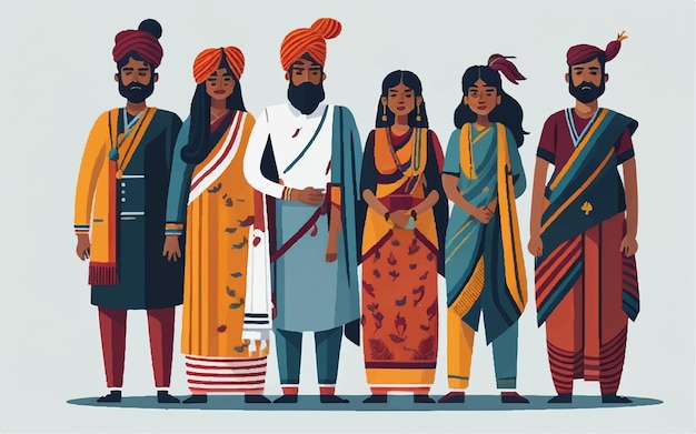 Vetor família e conceito social grupo de pessoas indianas de pé juntas em diferentes roupas tradicionais em fundo branco em estilo plano ilustração vetorial