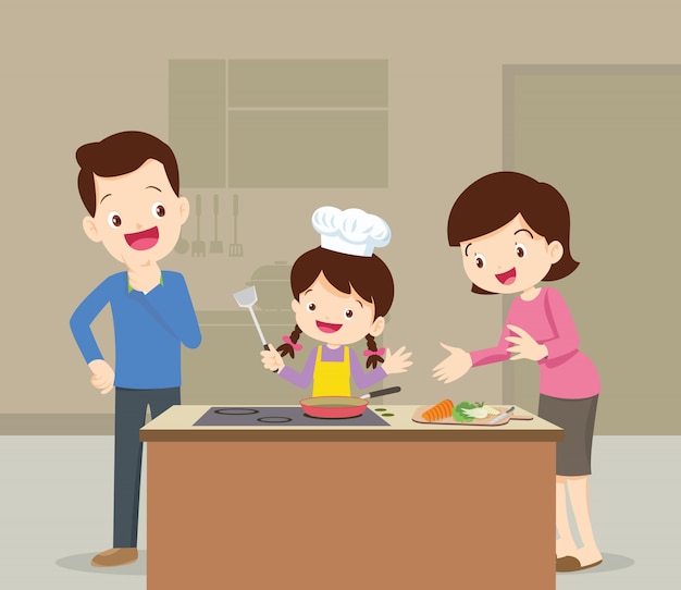 Família e filha cozinhar