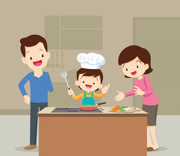 Família e filho cozinhar