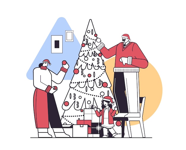 Família em chapéus de papai noel decorando a árvore de natal feliz ano novo feliz feriados de natal celebração conceito linear ilustração vetorial