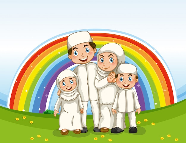 Família em roupas tradicionais e plano de fundo do arco-íris
