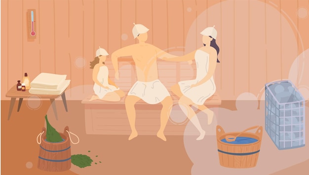 Família em sauna, balneário de madeira, terapia de relaxamento, spa de calor e saúde a vapor quente para pessoas relaxam ilustração vetorial