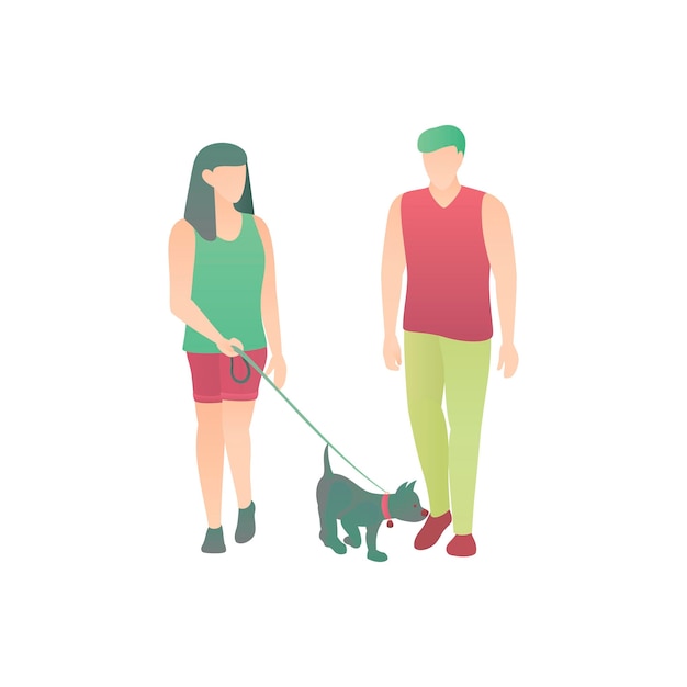 Família em uma caminhada com uma ilustração vetorial plana de cachorrinho