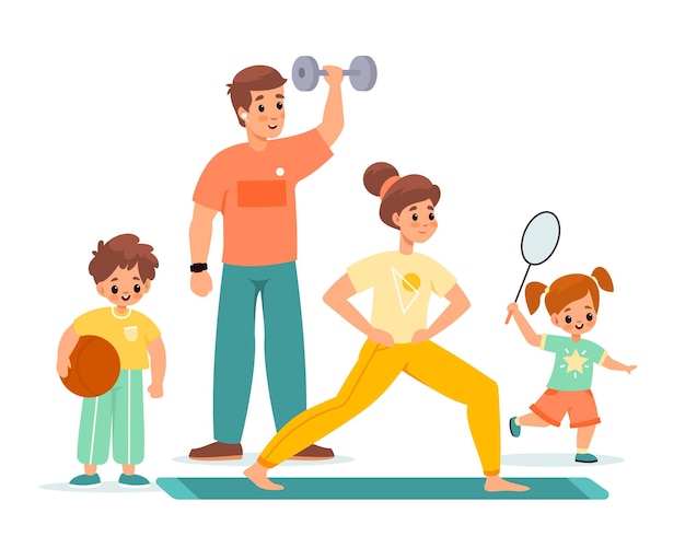 Vetor família esportiva crianças e pais felizes treinando badminton ginástico e fitness ativo conjunto de lazer casal e crianças menino e menina com adultos estilo de vida saudável vetor conceito isolado dos desenhos animados