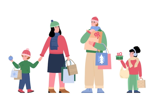 Família fazendo compras de natal juntos. ilustração em vetor desenho animado isolada