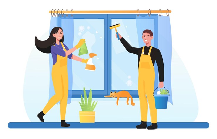 Vetor família fazendo trabalhos domésticos juntos limpeza de primavera tarefas domésticas trabalho de limpeza de janela.