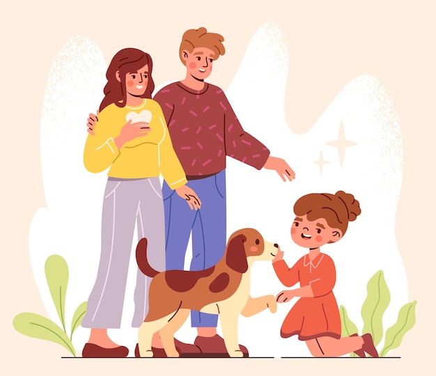 Família feliz adotando animal de estimação