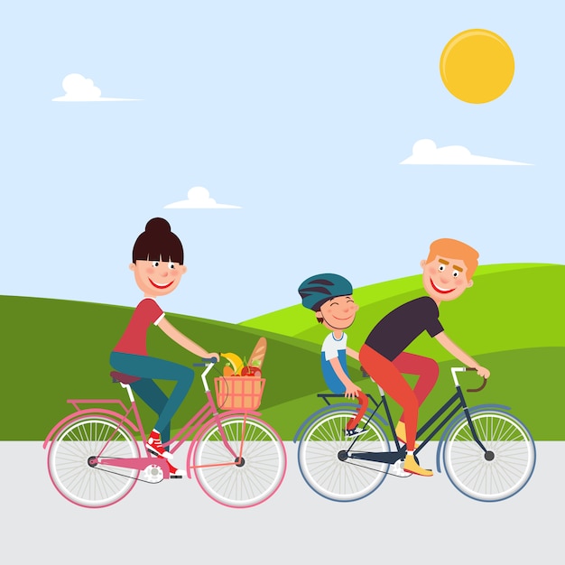 Família feliz andando de bicicleta. Mulher de bicicleta. Pai e filho.