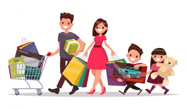 Vetor família feliz com as compras. grande desconto. compra de mercadorias e presentes. ilustração