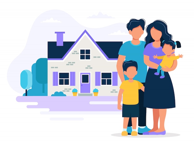Família feliz com casa. ilustração do conceito para hipoteca, compra de casa, imóveis.
