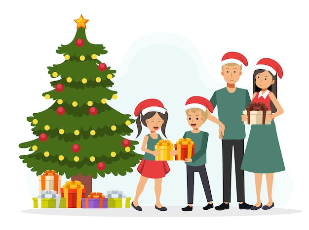 Família feliz com chapéus de natal está celebrando perto da árvore de natal. ilustração de um design de personagem de desenho animado plana.