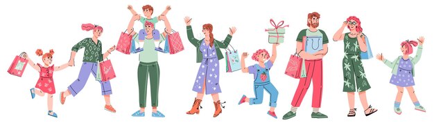 Família feliz com compras Grande desconto Compra de bens e presentes Ilustração vetorial de um design plano