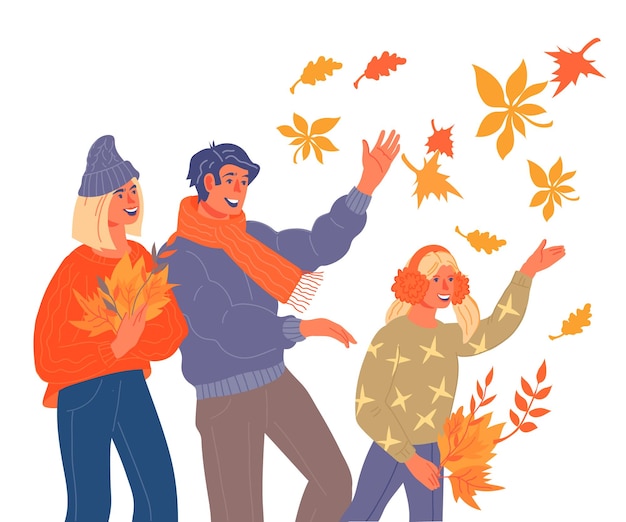 Família feliz com criança cumprimentando a ilustração vetorial plana de outono