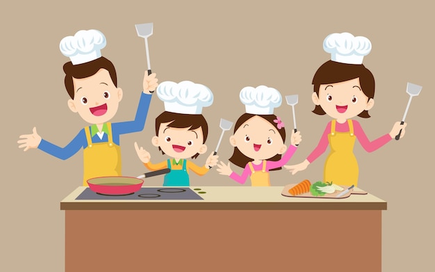 Família feliz com mãe pai e filhos menino menina cozinhando na cozinha