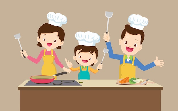 Família feliz com mãe pai e filhos menino menina cozinhando na cozinha