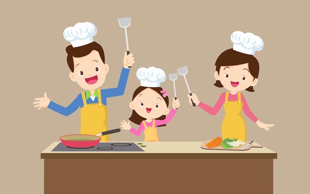 Família feliz com mãe pai e filhos menino menina cozinhando na cozinha