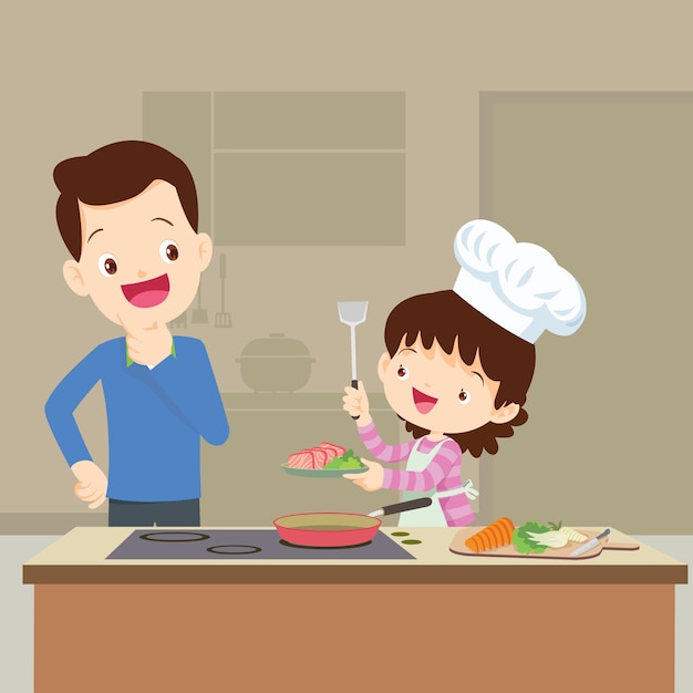 Família feliz, com, papai, lokking, daughtercooking, em, cozinha, vetorial, caricatura, ilustração