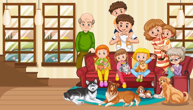 Família feliz com seu animal de estimação na sala de estar