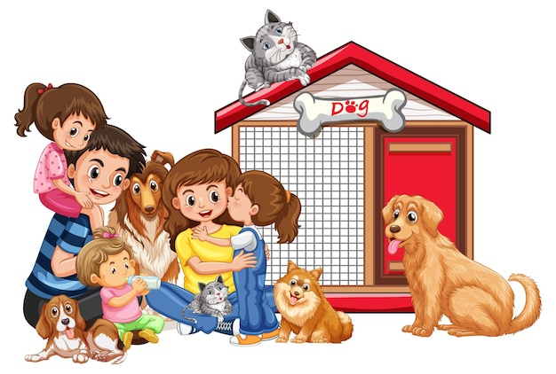 Vetor família feliz com seus cães em fundo branco