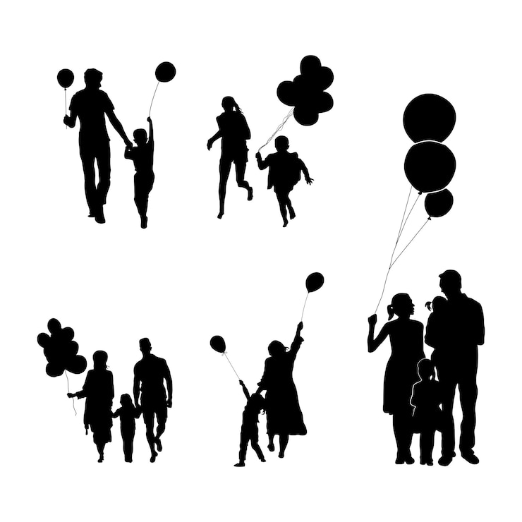 Vetor família feliz com silhuetas de balões, silhuetas de balões de participações familiares.