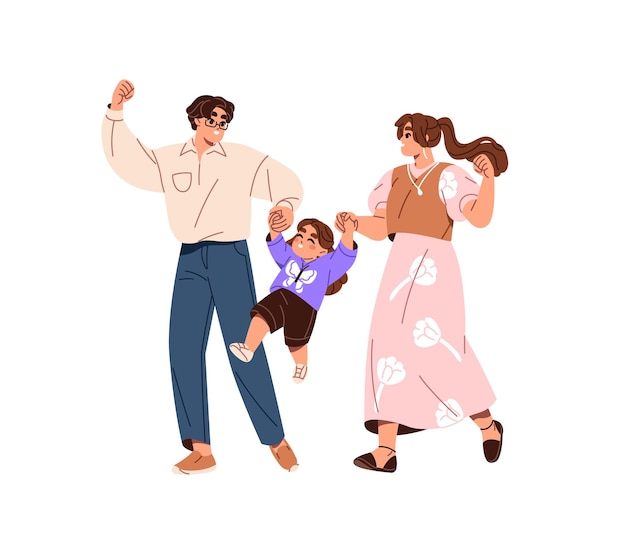 Família feliz comemora o sucesso aniversário juntos pais e filho se regozijam se amam mãe pai e filho dão as mãos se divertem ilustração vetorial isolada plana em fundo branco
