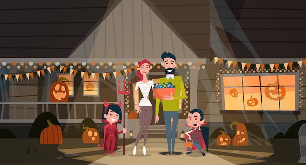 Família feliz comemorar pais de halloween e crianças usam conceito de festa de terror de decoração de trajes de vampiro