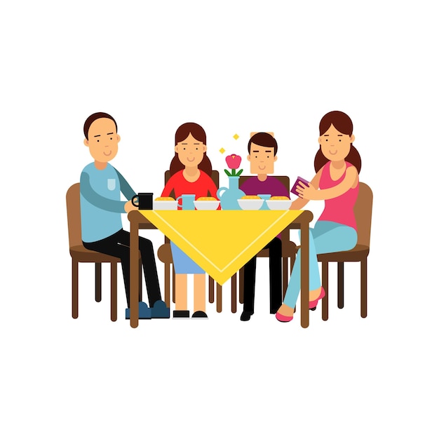 Vetor família feliz comendo juntos, marido e mulher com filhos sentados à mesa vector a ilustração isolada em um fundo branco