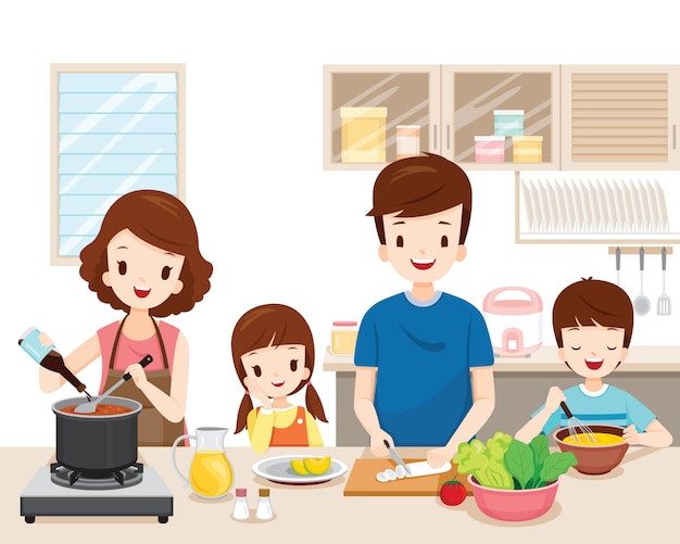 Vetor família feliz cozinhar comida na cozinha juntos