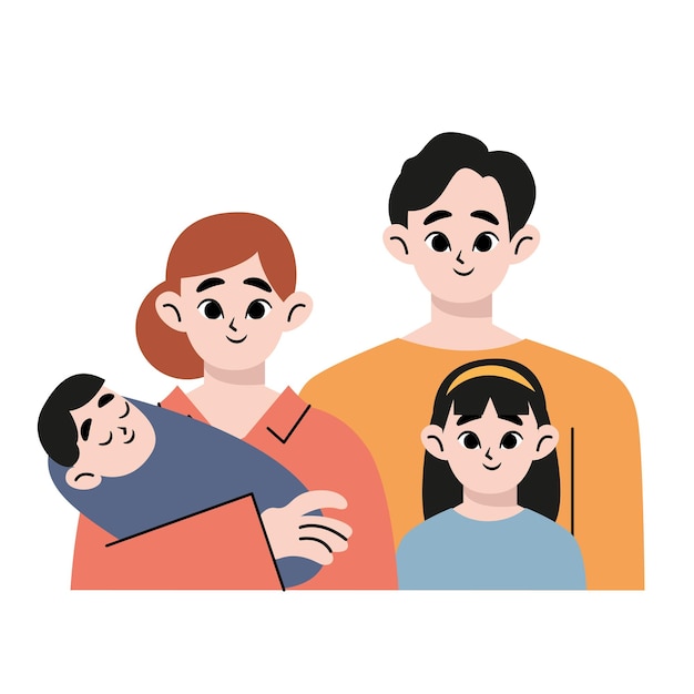 Vetor família feliz da parte superior do corpo, 4 pessoas, pai, mãe, menina e bebê. ilustração vetorial plana isolada