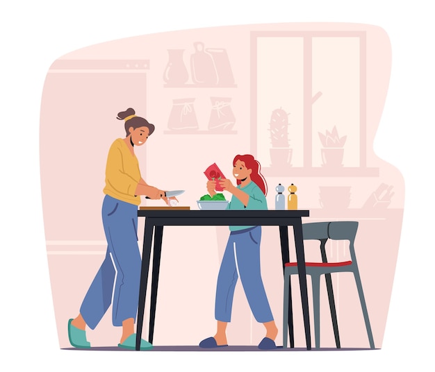 Família feliz de mãe e filha adolescente cozinhando em casa, preparar comida na cozinha. mulher ensina a menina uma alimentação saudável e receitas culinárias de vegetais, nutrição vitamínica. ilustração em vetor de desenho animado