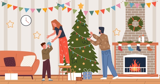 Família feliz decora árvore de Natal Pessoas se preparando para a celebração do ano novo Criança deixa cair uma bola de vidro para os pais Xmas em casa estilo plano de desenho animado isolado conceito vetorial atual