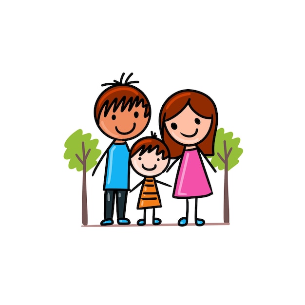 Família Feliz Desenho animado de pais e uma criança sorrindo e de pé juntos