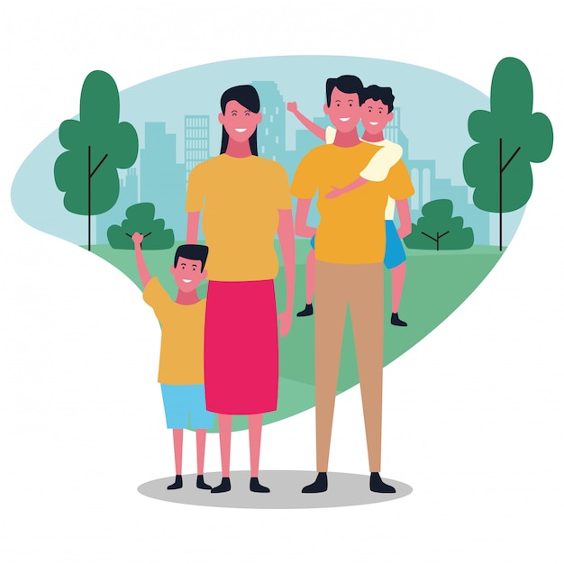Família feliz dos desenhos animados, design colorido