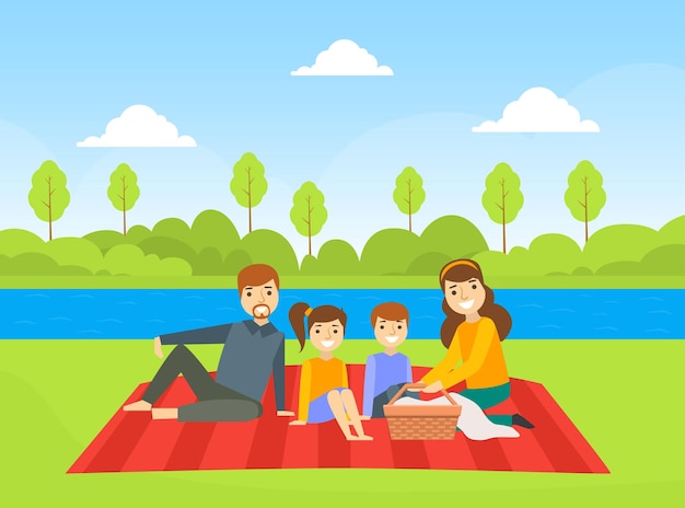 Vetor família feliz fazendo piquenique ao ar livre pai mãe filho e filha descansando na natureza ilustração vetorial de desenho animado