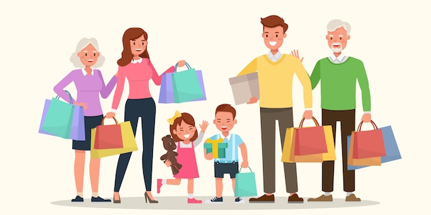 Família feliz, fazer compras juntos.