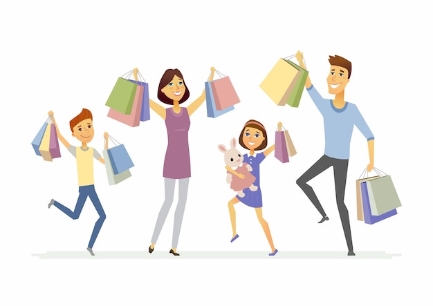 Vetor família feliz gosta de fazer compras - ilustração isolada de personagens de desenhos animados sobre fundo branco. pais sorridentes com crianças carregando pacote com mercadorias, brinquedos, pulando de alegria e acenando com as mãos